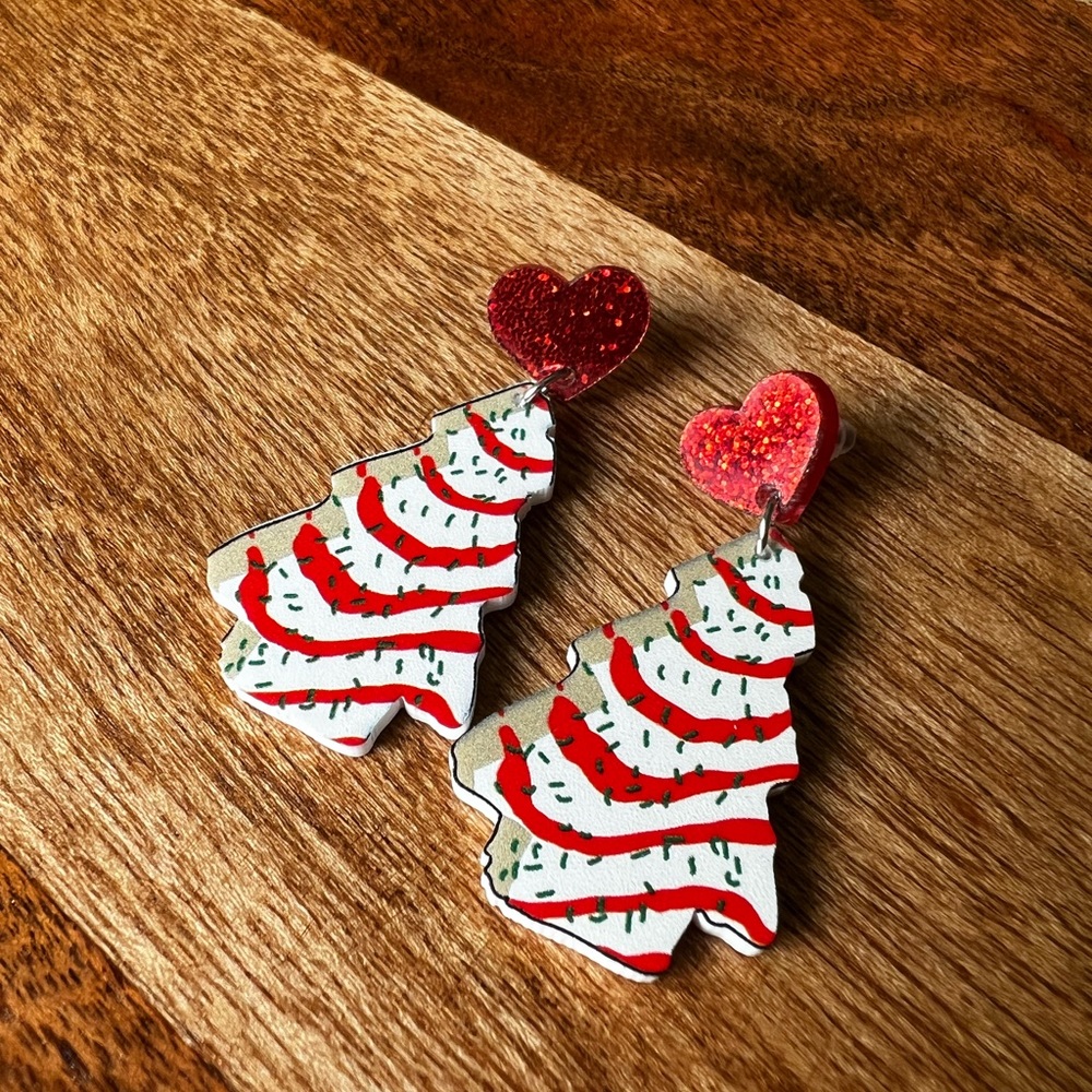 Christmas Tree Cake Little Debbie Holiday Wooden Drop Earrings - NEW